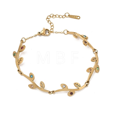 304 Stainless Steel Colorful Rhinestone Leaf Link Chain Bracelets SA-CBAF6AD-12G-1