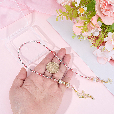 1Pc Alloy & Resin & Glass Seed Bead & Rhinestone Moon Star Beaded Chain Bookmarks AJEW-BM0001-40-1