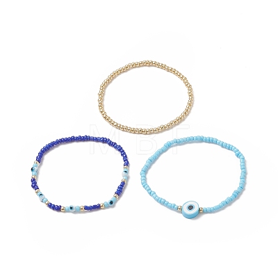 3Pcs 3 Style Evil Eye Polymer Clay & Glass Seed Beaded Stretch Bracelets Set for Women BJEW-JB09228-1