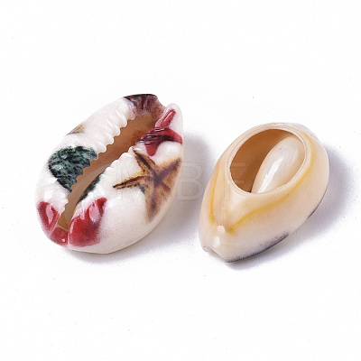 Printed Natural Cowrie Shell Beads X-SSHEL-R047-01-D03-1