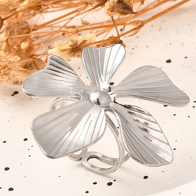 Flower Stainless Steel Open Cuff Ring for Women RJEW-R006-03P-01-1