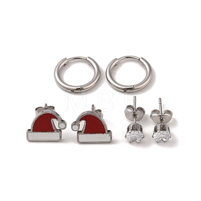 3 Pairs 3 Styles Christmas 304 Stainless Steel Hoop & Studs Earrings Set for Women EJEW-K279-12D-P-1