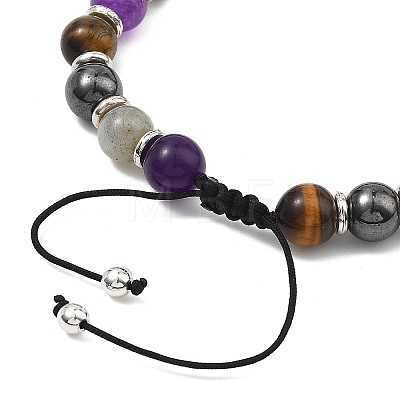 Adjustable Natural Labradorite and Tiger Eye and Non-Magnetic Synthetic Hematite Round Braided Bead Bracelets for Womne BJEW-JB13590-1