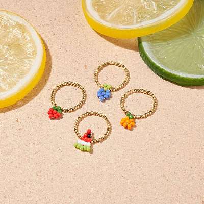 4Pcs 4 Style Strawberry & Orange & Watermelon & Grape Pattern Glass & Brass Braided Bead Finger Ring for Women RJEW-TA00047-1