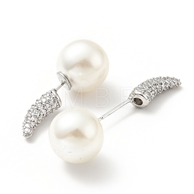 Clear Cubic Zirconia Horn with Acrylic Pearl Front Back Stud Earrings EJEW-G295-02B-P-1