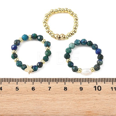 3 Pcs Natural Gemstone & Cultured Freshwater Pearl & Brass Beaded Stretch Ring Set RJEW-JR01084-1