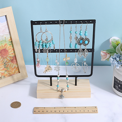 SUNNYCLUE 1 Set 2-Tier Rectangle Iron Jewelry Dangle Earring Organizer Holder with Wooden Base EDIS-SC0001-08A-1