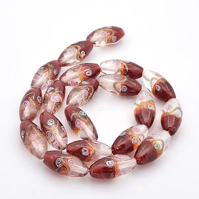 Handmade Two Tone Gold Sand Lampwork Oval with Flower Pattern Beads Strands LAMP-O007-02C-1