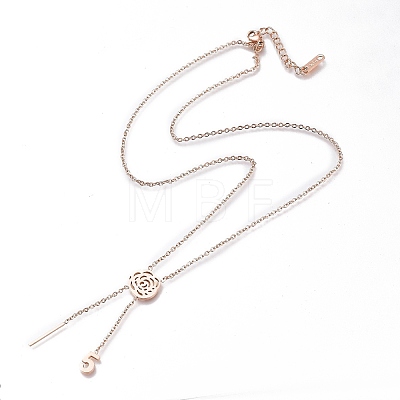 304 Stainless Steel Rose Lariat Necklaces NJEW-I240-18-1