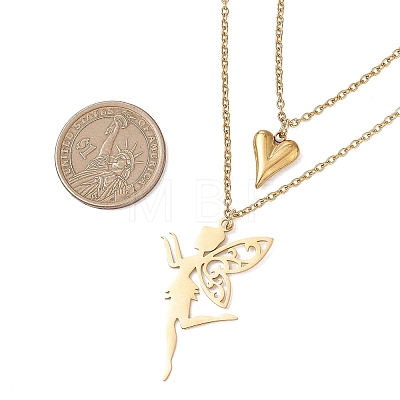 Stainless Steel Fairy and Heart Pendant 304 Stainless Steel Cable Chain Double Layer Necklaces for Women NJEW-JN05810-01-1