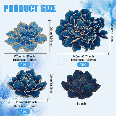 3Pcs 3 Styles Peony Pattern Polyester Fabrics Computerized Embroidery Cloth Sew on Patches PATC-BC0001-04-1