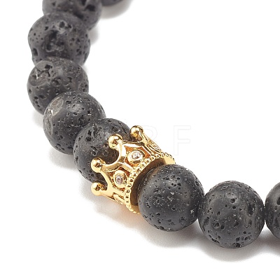 Natural Lava Rock Round Beaded Stretch Bracelet with Clear Cubic Zirconia Crown BJEW-JB07797-02-1