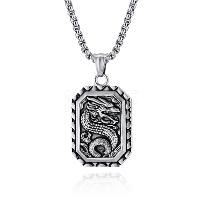 Retro Chinese Style Dragon-Shaped Titanium Steel Pendant Box Chain Necklaces PW-WGA2FFF-01-1