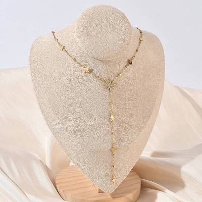 304 Stainless Steel Micro Pave Clear Star Pendant Long Tassel Y Necklaces for Women NJEW-C119-02G-1