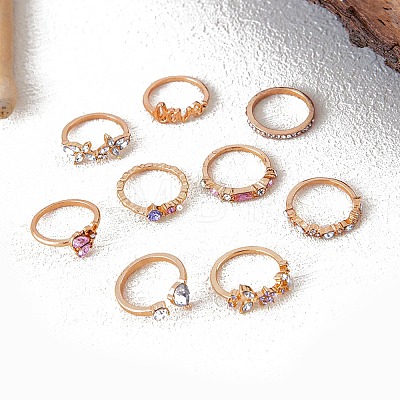 9Pcs 9 Styles Alloy Rhinestone Plain Band Rings PW-WGEAAC1-01-1