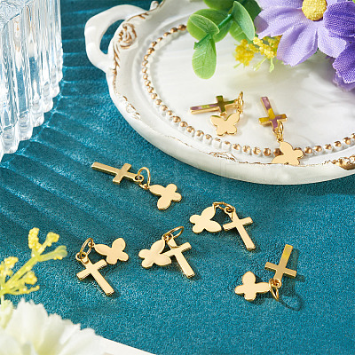 10Pcs Cross with Butterfly Brass Pendants PALLOY-TAC0272-1