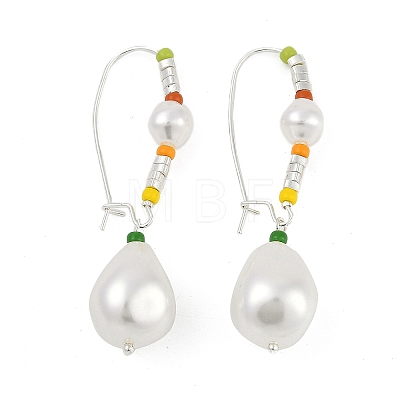 Brass & Glass & Plastic Imitation Pearl Teardrop Hoop Earrings EJEW-Q391-11S-1