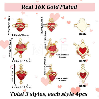 12Pcs 3 Styles Brass Enamel Sacred Heart of Jesus Links Connector Charms KK-SC0007-86-1