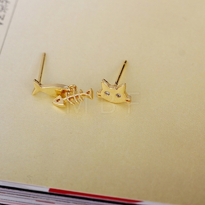 Real 18K Gold Plated Brass Cubic Zirconia Kitten Dangle Stud Earrings EJEW-EE0001-213-1