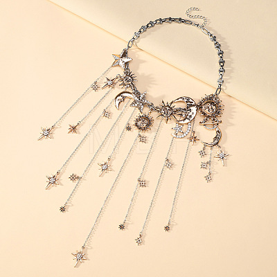 Alloy Crystal Rhinestone Moon & Star Fringe Statement Choker Necklaces WG41910-01-1