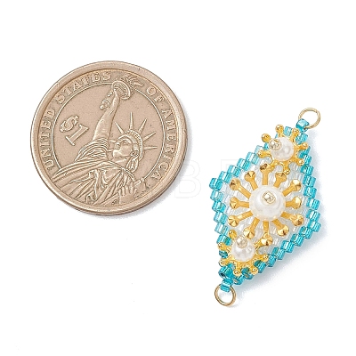 Imitation Pearl & Glass Seed Beaded Floral Rhombus Links Connector Charms PALLOY-MZ01182-1