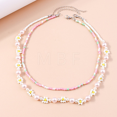 2Pcs Flower Glass Seed Beaded with Plastic Pearl Beaded Necklace Sets for Women FS-WGE85A7-21-1