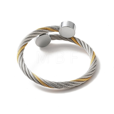 304 Stainless Steel Twist Rope Open Cuff Bangle with Flat Round Beaded for Women BJEW-P283-52-1