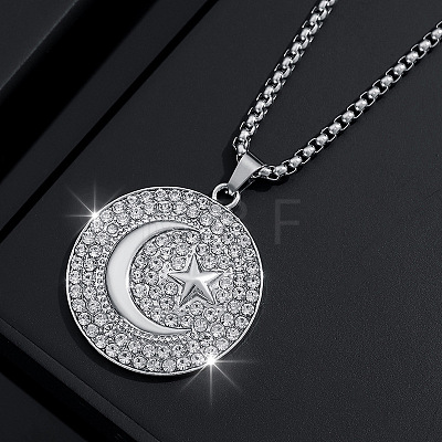 Zinc Alloy Micro Pave Clear Cubic Zirconia Flat Round with Star and Moon Pendant Necklaces FS-WGB5CD2-01-1