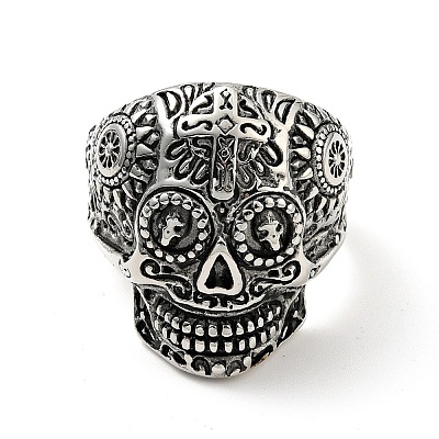 316 Stainless Steel Skull with Cross Finger Ring RJEW-C030-02F-AS-1