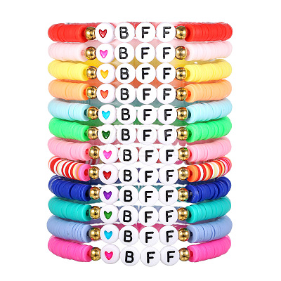 12Pcs Alloy & Polymer Clay & Resin Beaded Stretch Bracelets Set for Frinedship FS-WG9EC10-01-1