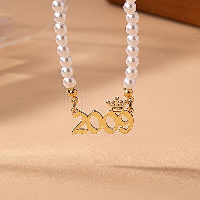 Alloy Crown Birth Year Pendant Imitation Pearl Round White Beaded Necklaces for Women FS-WG173C9-06-1