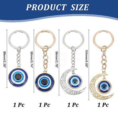 4Pcs 4 Style Flat Round & Moon with Evil Eye Resin Pendant Keychains KEYC-AR0001-23-1