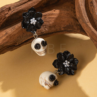 Flower with Skull Acrylic & Plastic Pearl Dangle Stud Earrings FS-WG9B583-01-1