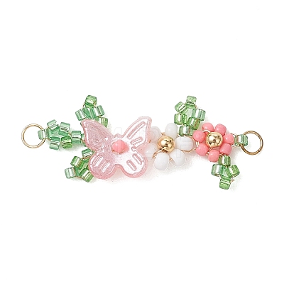 ABS Plastic Imitation Pearl Butterfly and Glass Seed Beaded Flower Links Connector Charms PALLOY-MZ01332-02-1