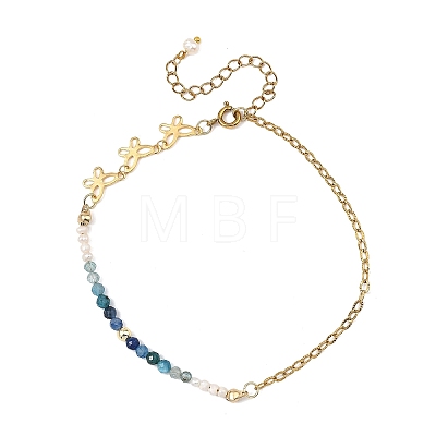 Natural Kyanite & Pearl Round Beaded Butterfly Anklets AJEW-AN00795-01-1