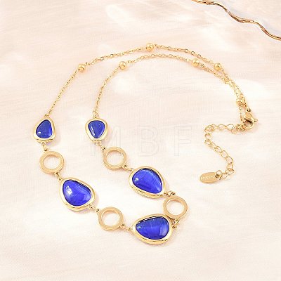 304 Stainless Steel Blue Glass Teardrop Ring Link Chian Necklaces for Women NJEW-D326-03G-1
