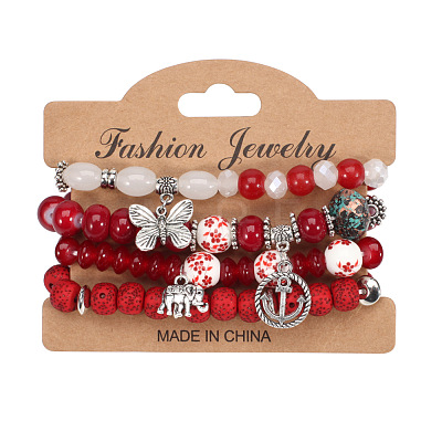 4Pcs Bohemian Style Alloy & Glass & Acrylic Charm Bracelets Set WG8E884-03-1
