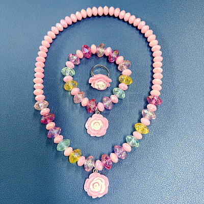 Resin & Glass Bead Pendant Necklaces & Charm Bracelets & Rings Sets FS-WGCCE83-01-1