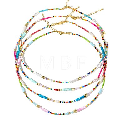 4Pcs 4 Styles Ethnic Style Rainbow Color Square Natural Shell & Glass & Glass Seed Beaded Necklaces for Women BO1499-1-1
