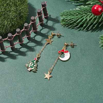 Christmas Tree & Moon Alloy Enamel Dangle Stud Earrings EJEW-TA00096-1
