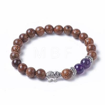 Dyed Wood Round Beads Stretch Bracelets BJEW-JB04839-1