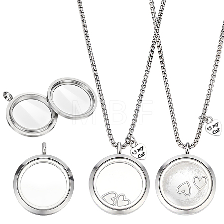 2Pcs Alloy Glass Flat Round Pet Fur Keepsake Locket Pendant 304 Stainless Steel Box Chain Necklaces NJEW-PH0001-54A-1