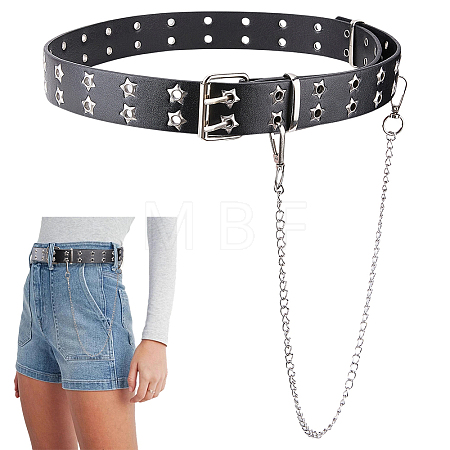 Gothic Alloy Chain Tassel Star Rivet PU Leather Waist Belts AJEW-WH20070-291B-1