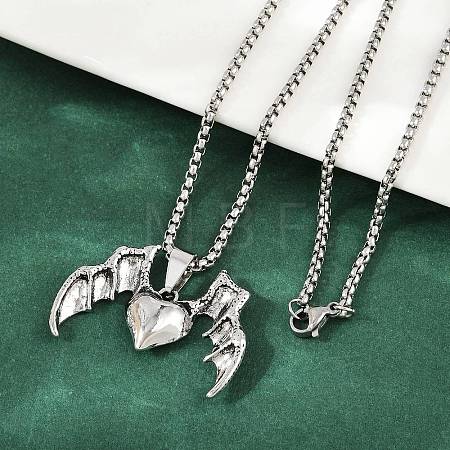 Halloween Alloy Heart with Bat Wings Pendant 201 Stainless Steel Box Chain Necklaces for Women Men NJEW-A056-01P-1