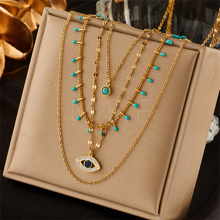 304 Stainless Steel & Synthetic Turquoise Pendant Multi Layered Necklaces for Women FS-WG34384-04-1