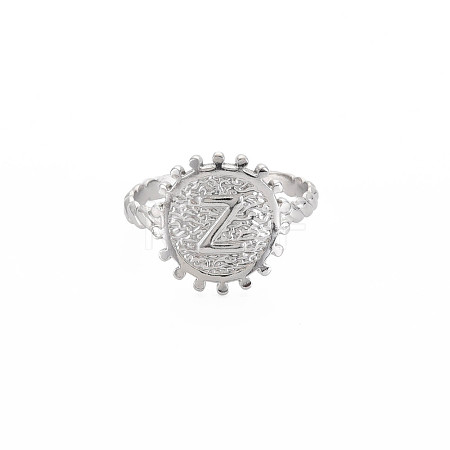 Non-Tarnish 304 Stainless Steel Flat Round with Initial Letter Open Cuff Ring for Men Women RJEW-S405-246P-Z-1