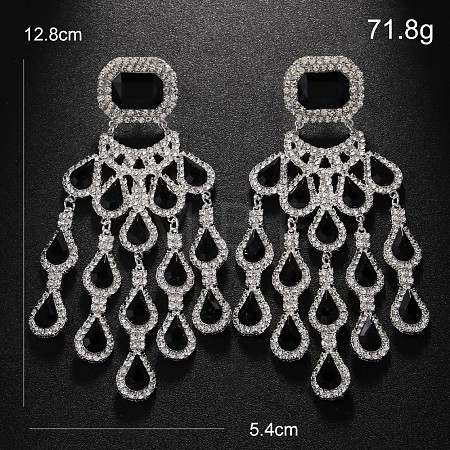 Rectangle with Teardrop Brass Rhinestone Dangle Stud Earrings FS-WG1781C-01-1