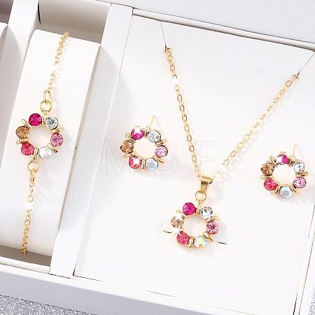 Ring Alloy Rhinestone Pendant Necklaces & Braceleta & Stud Earrings Sets WG4EA96-03-1