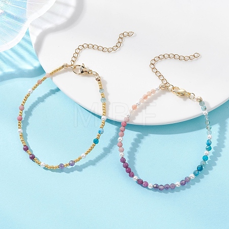 2Pcs 2 Styles Natural Ruby & Apatite & Sunstone & Rhodonite & Amethyst & Shell Pearl Beaded Bracelet Sets for Women2Pcs 2 Styles Natural Ruby & Apatite & Sunstone & Rhodonite & Amethyst & Shell Pearl Round Beaded Bracelet Sets for Women BJEW-JB13555-1
