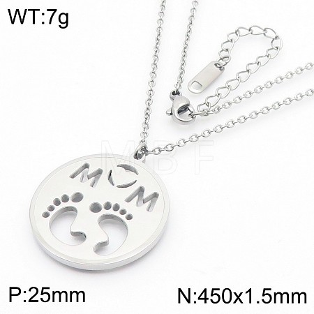 Mother's Day 304 Stainless Steel Hollow Out Flat Round with Word Mom & Baby Feet Pendant Necklaces WGD8F21-10-1